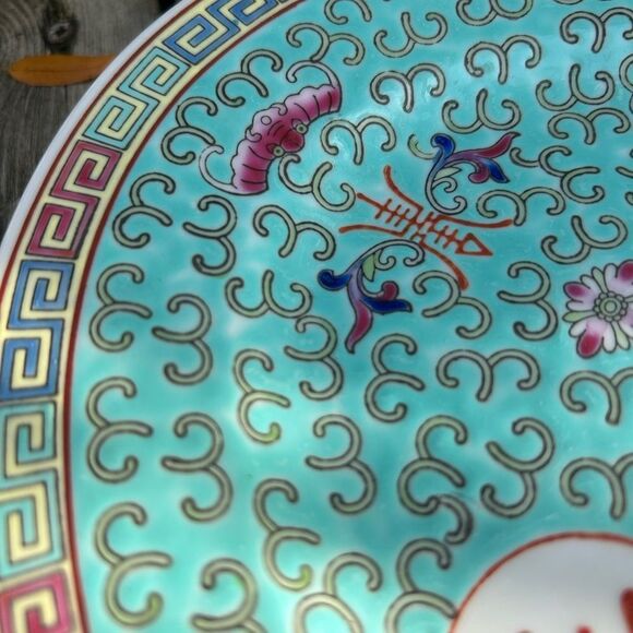 Vintage Chinese Jingdezhen Famille Rose Porcelain Turquoise Green Plate 14”x10" - Picture 7 of 16